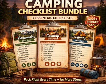 Camping Checklist Bundle – Backpacking, Cooking, Family Trip Planners (PDF Download)