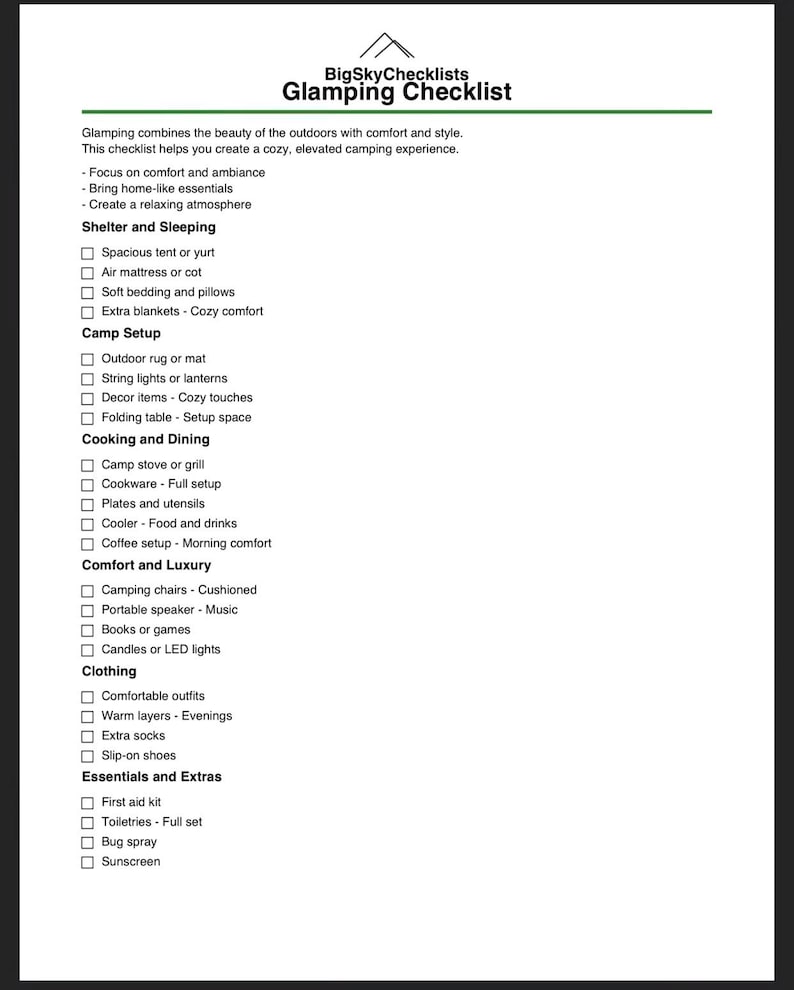 Glamping Checklist for Couples Printable PDF | Luxury Camping Packing ...