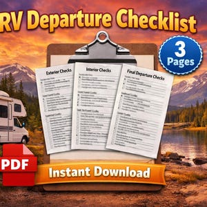 May include: An RV Departure Checklist with three pages, displayed on a clipboard. The image includes a motorhome, a lake, and mountains. The words "RV Departure Checklist", "3 Pages", "PDF", and "Instant Download" are visible.