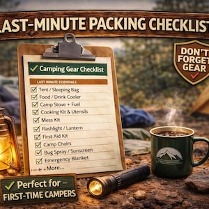 May include: A camping scene with a checklist on a clipboard, a lantern, a mug of coffee, and a flashlight. The checklist includes items like a tent, food, and a first aid kit. Text reads "Last-Minute Packing Checklist" and "Don't Forget Gear."