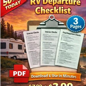 May include: RV Departure Checklist PDF with Exterior, Interior, and Final Departure Checks. The image shows a clipboard with three pages, a recreational vehicle, and a scenic background. The text reads "Download & Use in Minutes."