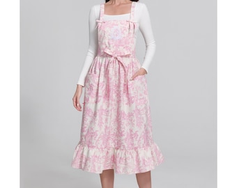 Pink Toile de Jouy Cotton Apron – Ruffle Trim, Embroidered Emblem, Vintage Cotton