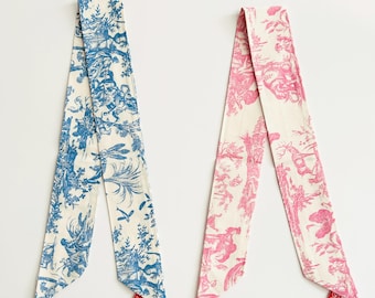 Cotton Slim Scarf – Toile de Jouy Inspired Print, French Style Accessory (Blue/Pink)