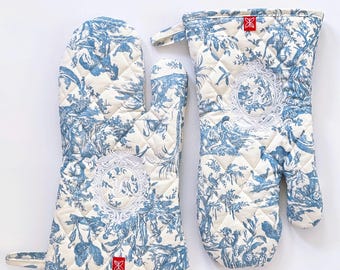 French Toile de Jouy Oven Mitt Set, Blue Cotton Embroidery, Heat Resistant Padding