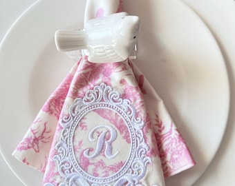 Toile de Jouy Napkins Pink – 100% Cotton Dinner Napkins, Embroidered, French Table Decor
