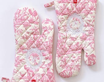 Pink Toile de Jouy Oven Mitts, Set of 2, 100% Cotton, Royal Embroidery