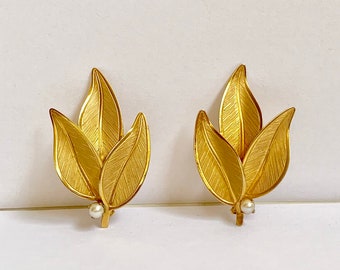 Gold Filled Leaf and Pearl Clip Earrings