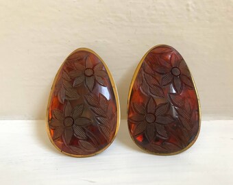 Bakelite Vintage Prystal Tea Swirl Faux Tortoiseshell Floral Carved Dress Clips