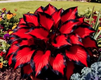 Rood getinte hostabollen – winterharde vaste planten voor tuinbedden, -borders en -terrasbakken
