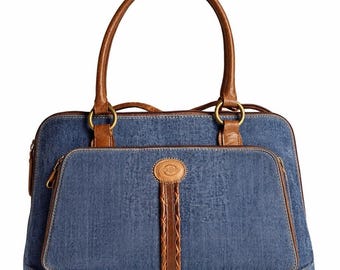 Bolso vintage Cueromoble azul y marrón de mezclilla. Un bolso bonito, ideal como bolso de mano o para portátil.