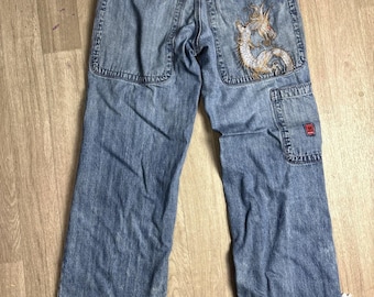 JNCO Wide-Leg Dragon Embroidered Relaxed Fit Denim Jeans Blue 90s Vintage Y2K 32