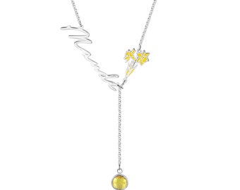 Personalised Birthstone Name Necklace With Birth Flower - 18K Gold Plated over 925 Sterling Silver - 49+5cm Chain - Lightweight - Dainty