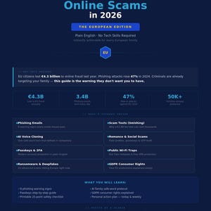 May include: A dark blue infographic titled "How to Spot & Avoid Online Scams in 2026". It includes statistics on online fraud, phishing, and scam types. The European Edition offers plain English, no-tech-skills-required advice for families.