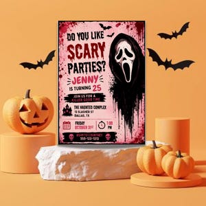May include: A rectangular Halloween party invitation card with a pink background, black blood splatter, and a ghost-face mask illustration. Text reads: Do You Like Scary Parties? Jenny Is Turning 25, Join Us For A Killer Good Time, The Haunted Complex.