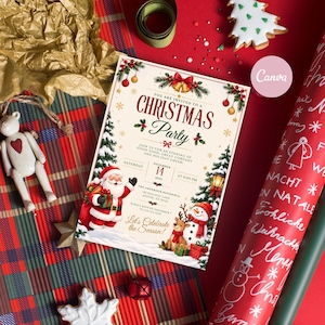 Op de afbeelding: Een rechthoekige uitnodigingskaart voor een kerstfeest met een illustratie van de kerstman, een sneeuwpop en een rendier. De tekst luidt: You are invited to a Christmas Party, join us for an evening of good food, great company and holiday cheer.