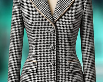 Vintage Hahnentritt Wollblazer – Damen Jacke im Reiterstil