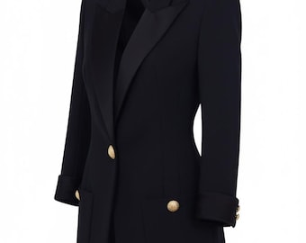 Black Houndstooth Blazer – Equestrian Style Jacket with Tan Piping