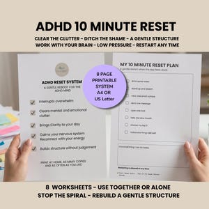 Può includere: Due fogli di carta bianchi con testo, tenuti in mano. Il foglio superiore recita "ADHD 10 MINUTE RESET" ed elenca i vantaggi. Il foglio inferiore è un "Piano di ripristino di 10 minuti" con caselle di controllo.