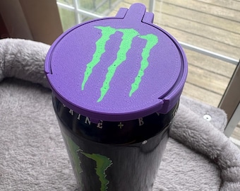 Tapa para lata de bebida energética Monster – Logotipo morado y verde. Se adapta a latas de 12 a 16 onzas.