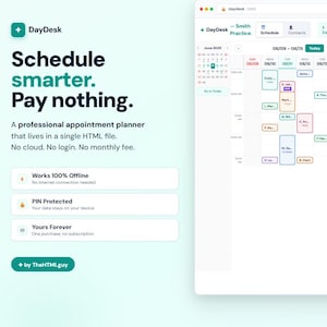 Può includere: Un'interfaccia digitale per DayDesk, un pianificatore di appuntamenti professionale. L'interfaccia mostra un calendario con appuntamenti programmati e il testo "Schedule smarter. Pay nothing." è visibile. L'interfaccia è bianca con accenti verdi e blu.