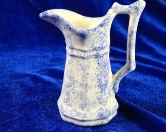 1970s Studio Pottery blue white spatterware 3 1/2" pitcher creamer Jean Devine "Onion Blue"