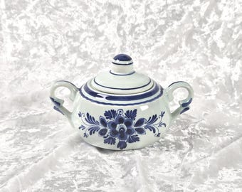 Vintage Delft Holland hand painted sugar bowl with lid Dutch floral design