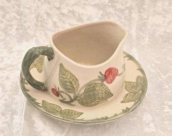1980s Franciscan Strawberry Fair gravy boat w/attached underplate embossed