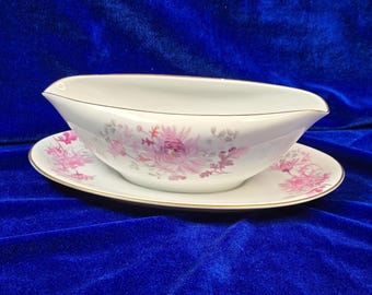 Vintage Noritake Gravy Boat with Underplate: Pink Floral Gold Trim