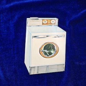 May include: A vintage white washing machine with a round door and a wooden trim. The machine has a control panel with dials and text. The image is set against a dark blue background.