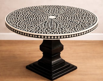 Handgemaakte houten gepolijste inlegwerk van bot bloemen ronde eettafel met voetstukpoten