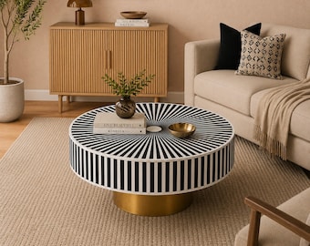 Handgemaakte houten gepolijste botinleg zonnestraalpatroon ronde salontafel/middeltafel