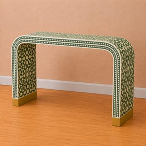 Handcrafted Wooden Polished Bone Inlay Entryway Moroccan Geometric Arrow Pattern Waterfall Console Table