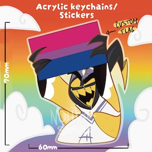 Peut inclure: Porte-clés ou autocollant en acrylique représentant un personnage de dessin animé tenant un drapeau personnalisé aux couleurs du drapeau de la fierté bisexuelle. Le personnage est jaune, noir et blanc, avec un sourire menaçant. Le porte-clés mesure 7 cm de haut et 6 cm de large.