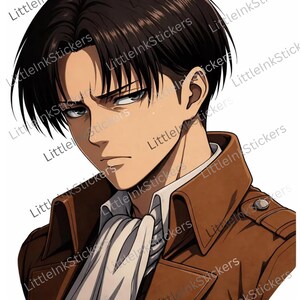 Könnte beinhalten: Ein Aufkleber mit einer Anime-Figur mit dunklem Haar, einem ernsten Gesichtsausdruck und grauen Augen. Die Figur trägt eine braune Jacke mit hohem Kragen über einem weißen Hemd mit Kragen und einem weißen Plastron. Der Text LittleInkStickers ist wiederholt.