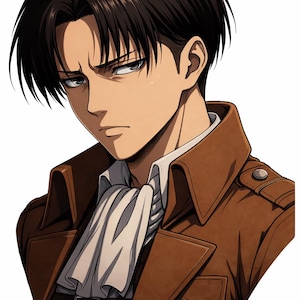 May include: Anime-style illustration of a person with short, dark hair and a stern expression. They wear a brown jacket over a white shirt with a cravat. The image is a portrait, with a focus on the character's face and upper body.