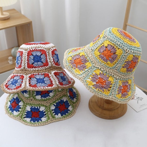 Crochet Beach Straw Hat For Women, Summer Flowers 