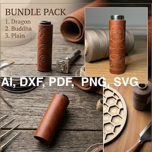 Modello Porta Accendino Clipper in Pelle - Kit 3 Design: Neutro, Buddha, Dragone - File Taglio Laser - Schema per Cucito a Mano