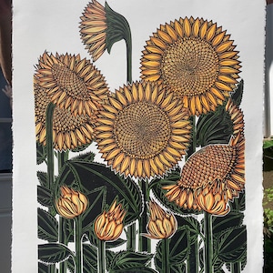 Sunflower patch-large linocut print