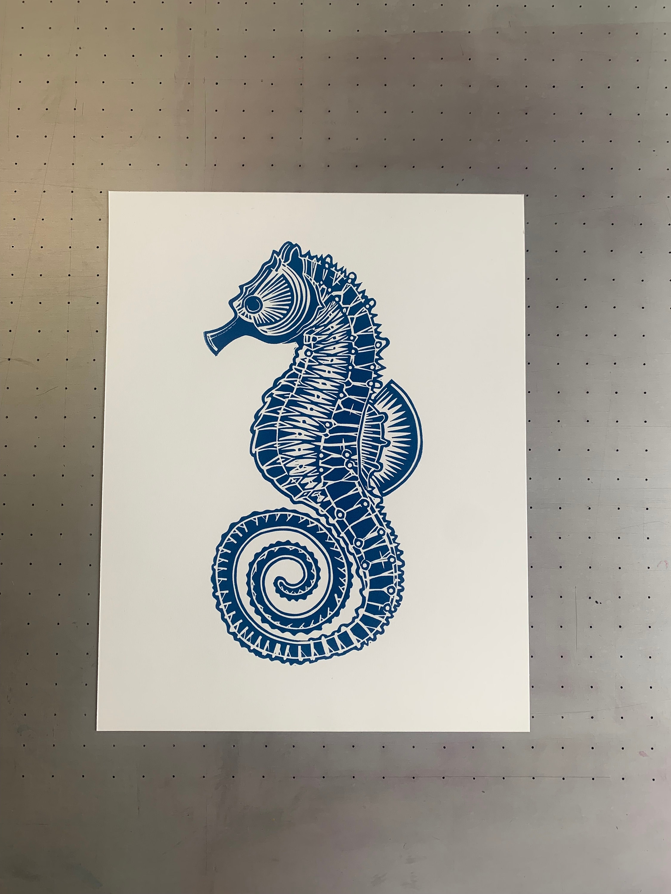 Vector Linocut Sea Horse Illustration On Folded Paper Stock