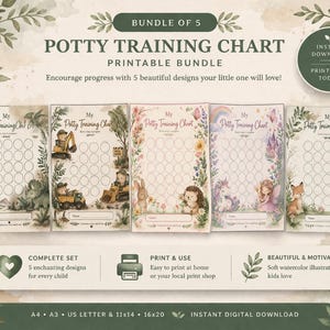 Könnte beinhalten: Ein Set aus fünf druckbaren Töpfchentrainingskarten. Jede Karte hat ein einzigartiges Design mit weichen Aquarellillustrationen von Dinosauriern, Baufahrzeugen, Waldtieren, einem Einhorn und einer Fee. Die Karten sollen den Fortschritt fördern.