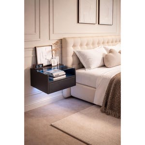 Floating Nightstand with Charging Station and LED Light, Wall Mounted Night Stand with Drawer & Open Shelf, Modern Bedside Table