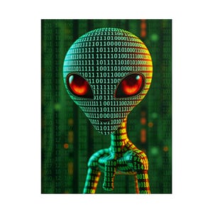 May include: A digital illustration of an alien head and shoulders featuring a gradient color scheme from green to orange. The surface is covered in a pattern of binary code digits, and the alien has large, glowing, almond-shaped red eyes.