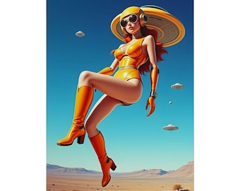Yellow UFO Space Girl -  Retro Sci-Fi Pinup Art
