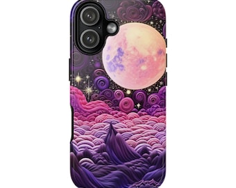 Funda resistente para teléfono con diseño de paisaje lunar - Funda de ensueño con temática celestial de ciencia ficción en tonos morados y rosas - Acabado mate o brillante