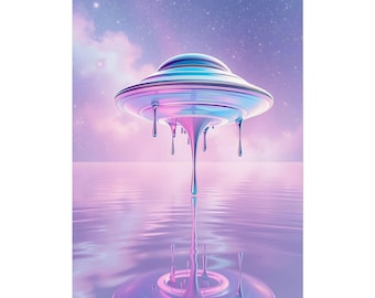 Dripping Alien UFO I - Pink Pastels - Space Alien Print