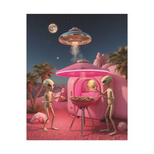 May include: A whimsical print featuring two aliens grilling food under a pink UFO. The scene is set on a pink landscape with palm trees, a pink structure, and a night sky with a moon and stars. The aliens are humanoid with gray skin.