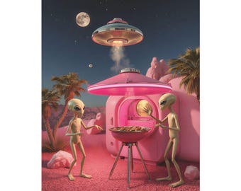 Retro Alien BBQ, Pink UFO - Funny Space Art Print
