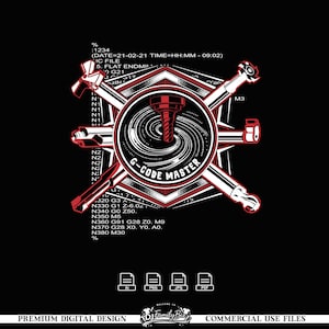 May include: Black graphic design featuring a central emblem with a drill bit and the text "G-CODE MASTER." The design includes various tools in red and white, along with lines of code. The bottom of the image includes file type icons.