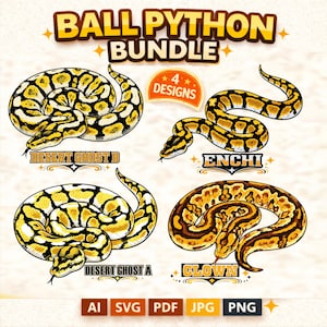Puede incluir: Un paquete de arte digital con cuatro diseños de pitones bola. Cada serpiente está ilustrada con patrones y colores distintos, con nombres como "Desert Ghost B" y "Enchi" debajo. El título "Ball Python Bundle" está en la parte superior.