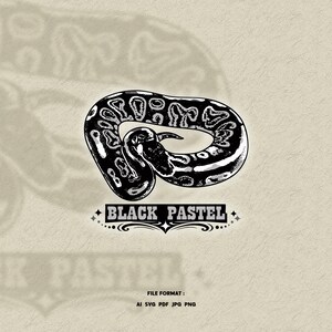Diseño SVG de pitón bola negra pastel – Ilustración estilo tatuaje vintage – Gráfico para amantes de los reptiles – Lámina de arte de serpientes – Descarga digital
